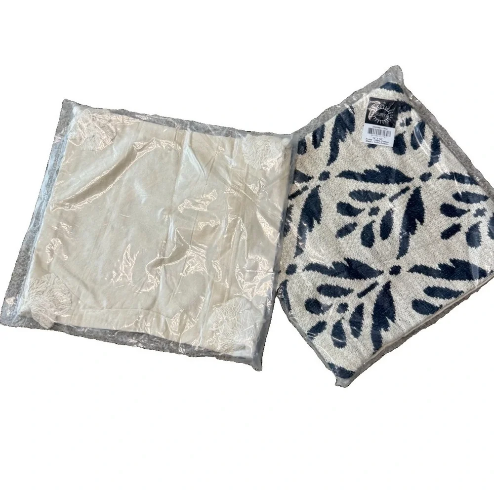 Surya Pillow Covers Set of 2 18x18 Blue Cream Boho Block Print Textured Cotton